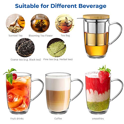 ecooe 440 ml Glas Teetasse Borosilikat Teebecher Teeglas mit Ultrafein 18/8 Edelstahlsieb Natürlicher Bambus Deckle Verdickter für Kaffee Saft Kohlensäurehaltige Getränke Milch Joghurt – Bild 6