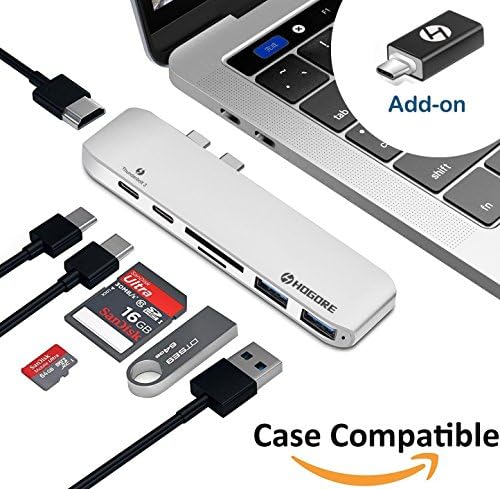 MacBook Pro Dock, HOGORE Thunderbolt 3 Adapter USB C Hub for MacBook Pro 2017 2016 13" 15" with 40Gbps TB3, 100W Pass-through Charging, 4K HDMI, USB-C, SD/MicroSD Reader, 2+1 USB 3.0 Ports- Silver