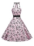 Pink 50s Halter Flock Black Tattoo Rockabilly Party Prom Dress