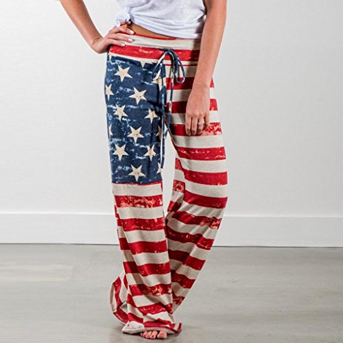 Women Pants Neartime Print Loose Casual Pants American Flag Drawstring Wide Leggings (XL, Multicolor) - Thumbnail 2