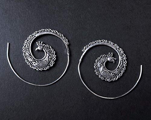Silver Peacock Earrings- Gypsy Spiral earrings- Ethnic earrings-Festival earrings- Tribal earrings- Tribal jewellery I10