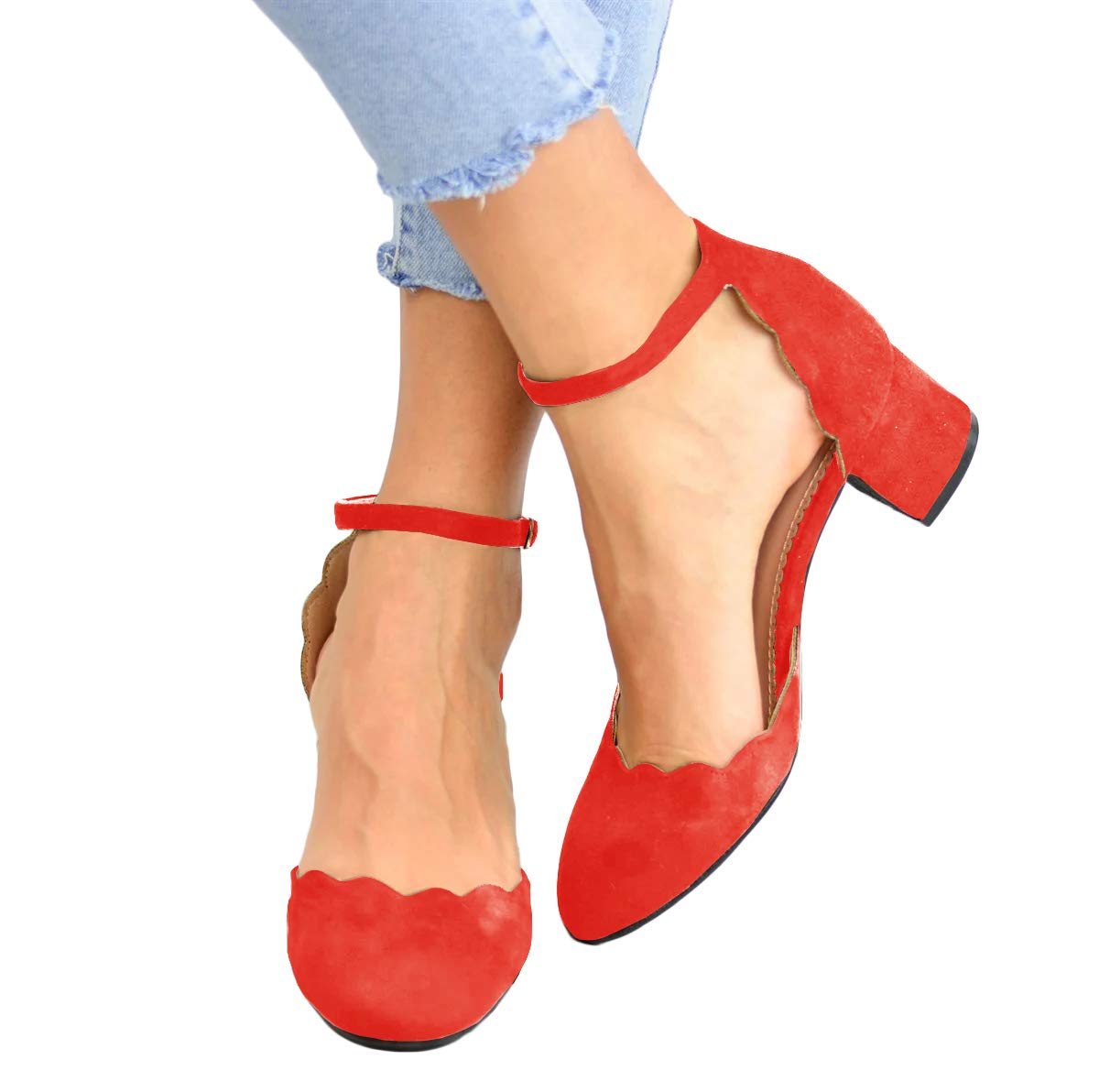 Womens Low Chunky Heel Pumps Pointed Toe Scalloped Buckle Ankle Strap Party Dress Shoes Sandals Red - Image 4