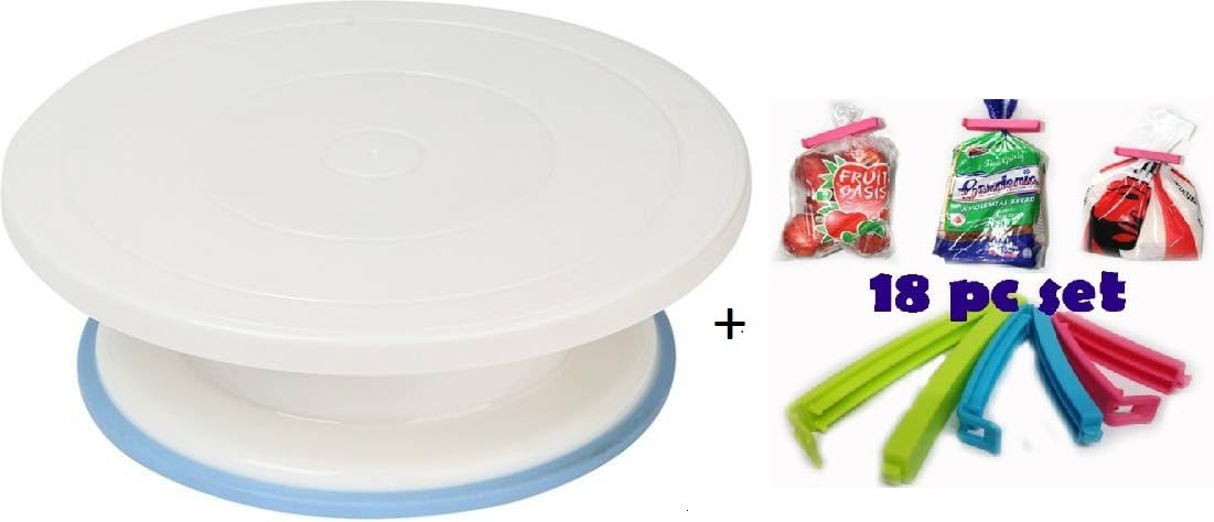 gade Plastic Cake Turntable with Bag Seal Clip Combo -Set of 18 Pieces