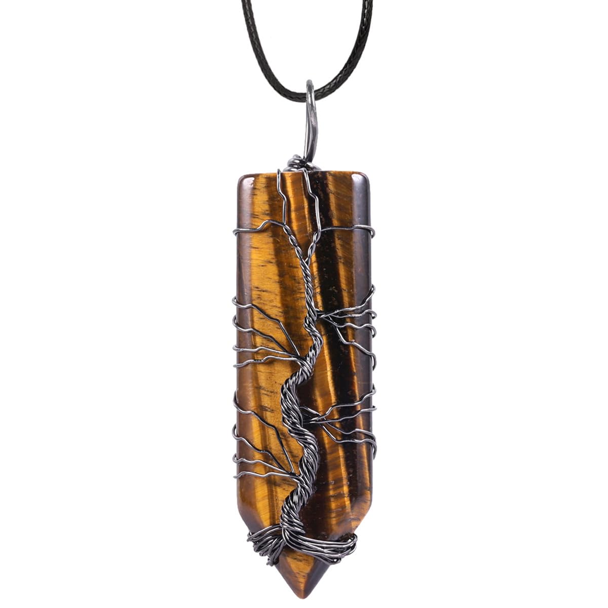 Nupuyai Tiger's Eye Tree of Life Crystal Point Pendant Necklace for Women Men, Wire Wrap Amulet Stone Pendant Jewelry
