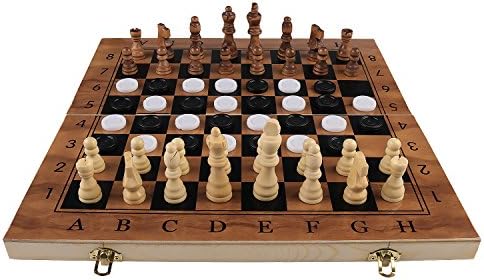 Portable 3 in 1 Chess Checkers Backgammon Set with Wooden Carrying Case for Traveling (Black)