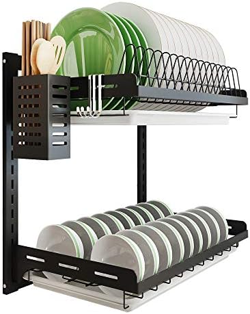 Kitchen Dish Rack Hanging Drying Plate Organizer Storage Shelf Over The Sink Junyuan 2 Tier Wall Mount Bowl Holder With Drain Tray With 3 Hooks Stainless Steel Black Coating 2 Tier 16 Amazon Sg Home kitchen dish rack hanging drying plate