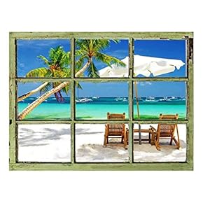 Window View Wall Mural - Tropical Holiday Resort with Beach and Palm Trees - Vintage Style Wall Decor - Peel and Stick Adhesive Vinyl Material - 24x32 inches