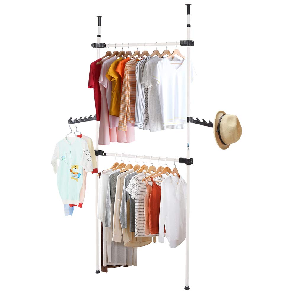 Heavy Duty Clothes Rack 2 Poles 2 Bars Telescopic Coat Hanger Wardrobe Organiser Cloth Rail Garment Rack Stainless Steel Poles and Bars 281cm - 329cm Adjustable Height for Dressing Room or Bedroom