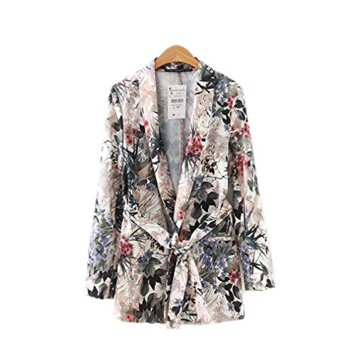 Women Stylish Floral Blazer Notched Long Sleeve Open Stitch Coat Pockets Casual Outerwear Feminine Tops S