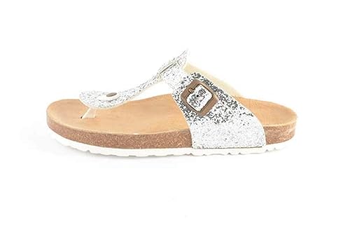Le Clare Lilly Cyborg - Damen Zehentrenner-Sandalen Pantoletten mit anatomischen Fußbett aus Naturkork – Farbe: Silber Glitze