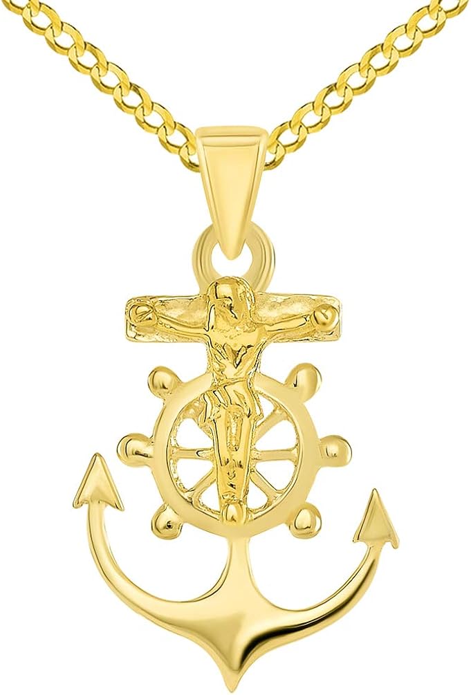 Solid 14k Yellow Gold Religious Anchor Cross Charm Mariners