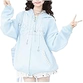 Xojbzoo Kawaii Y2K Zip Up Hoodie Bows Women's Lace Trim Hooded Sweatshirt Oversized Cute Pullover with Bow & Lace Pockets