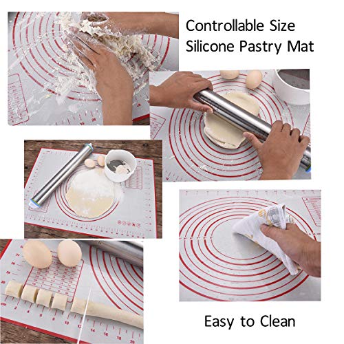 Adjustable Rolling Pins, Stainless Steel Roller Pin with Thickness Rings and pastry mat for for Bakery Cookie Chapati Fondant Dough Pastry Pizza Pie Crust