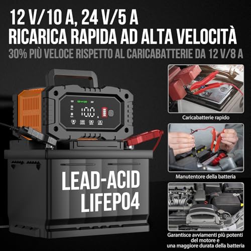 LiFePO4 12 V 24 V Intelligent Battery Charger 10 A Automatic Battery Maintainer with Temperature Compensation for Car Motorcycle Truck, AGM, Gel, Wet, SLA