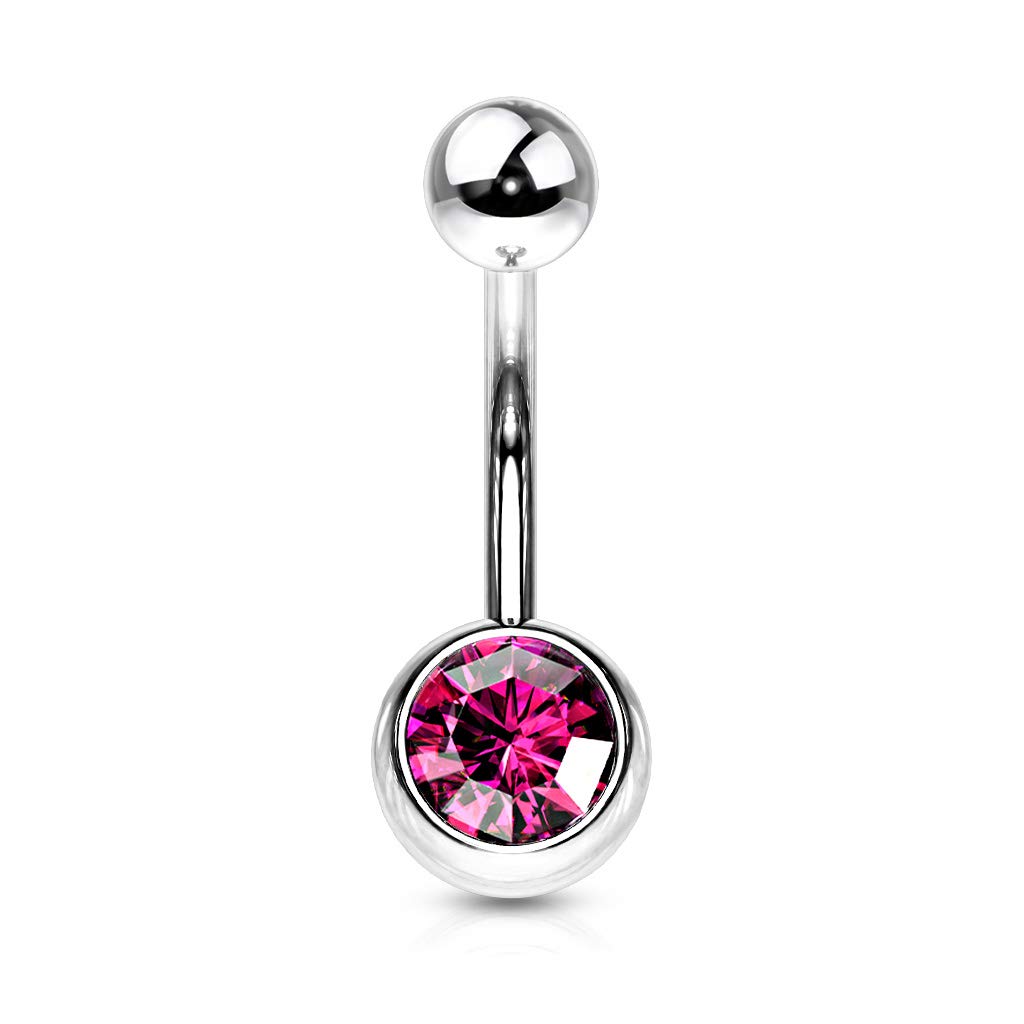 PiercedOff 316L Surgical Steel 1.6mm Externally Threaded Belly Bar with 8mm Fuchsia CZ Ball - Length 10mm