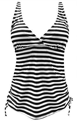 Gabrielle-Aug Women's Retro Sailor Stripe Adjustable Modest Tankini Top Swimsuit(FBA) (12, Black)
