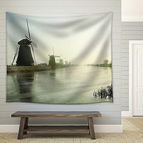 Traditional Dutch Windmills at Dawn in Kinderdijk, Netherlands - Fabric Wall Tapestry Home Decor - 51x60 inches