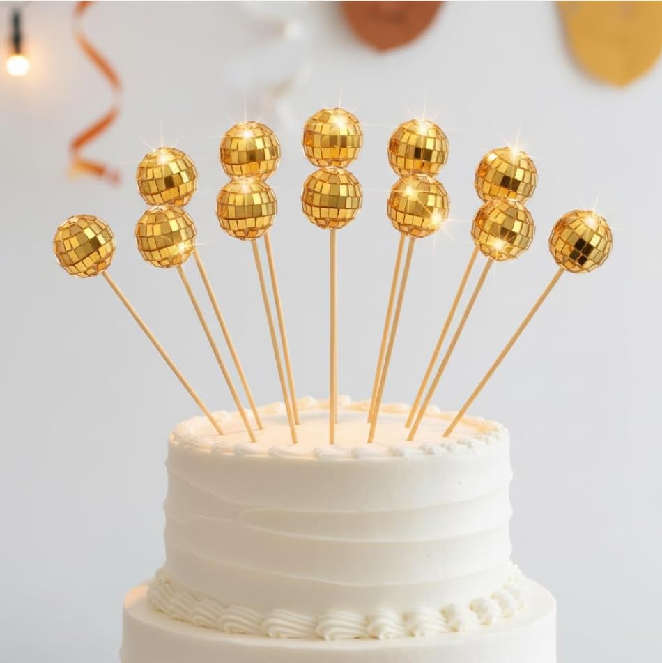 12-Piece Gold Disco Ball Cake Decorations - Mini Disco Party Toppers for Birthday, Wedding, Retro Theme Party Supplies (2.5cm)