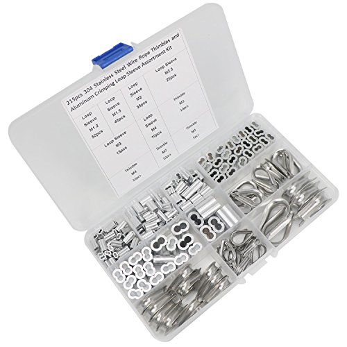 M2 M3 M4 M5 304 Stainless Steel Thimble and 6 Sizes Aluminum Crimping Loop Sleeve Assortment Kit for 1/16" - 3/16" Diameter Wire Rope Cable Thimbles Rigging-215 Pcs