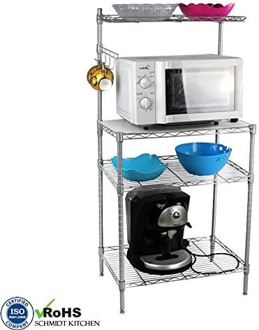 3 Tiers Baker’s Rack Kitchen Cart Baking Accessories Utility Spice Microwave Oven Storage Stand Workstation Shelf Cabinet w/ Hook Multifunctional Silver| 1.2m Height Adjustable Strong Chrome Finishing