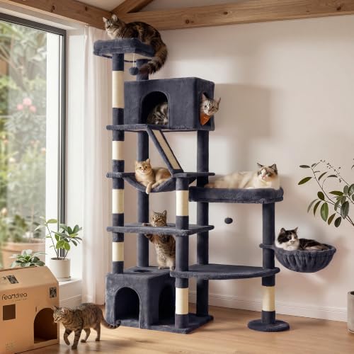 Feandre Cat Tree, Multi-level Tall Cat Tower for Large Cats, 105 x 45 x 188 cm, 6 Rest Areas, Sisal Scratching Posts and Board, Double Baseboard, Dark Grey, Clawfy Collection PCT016G201