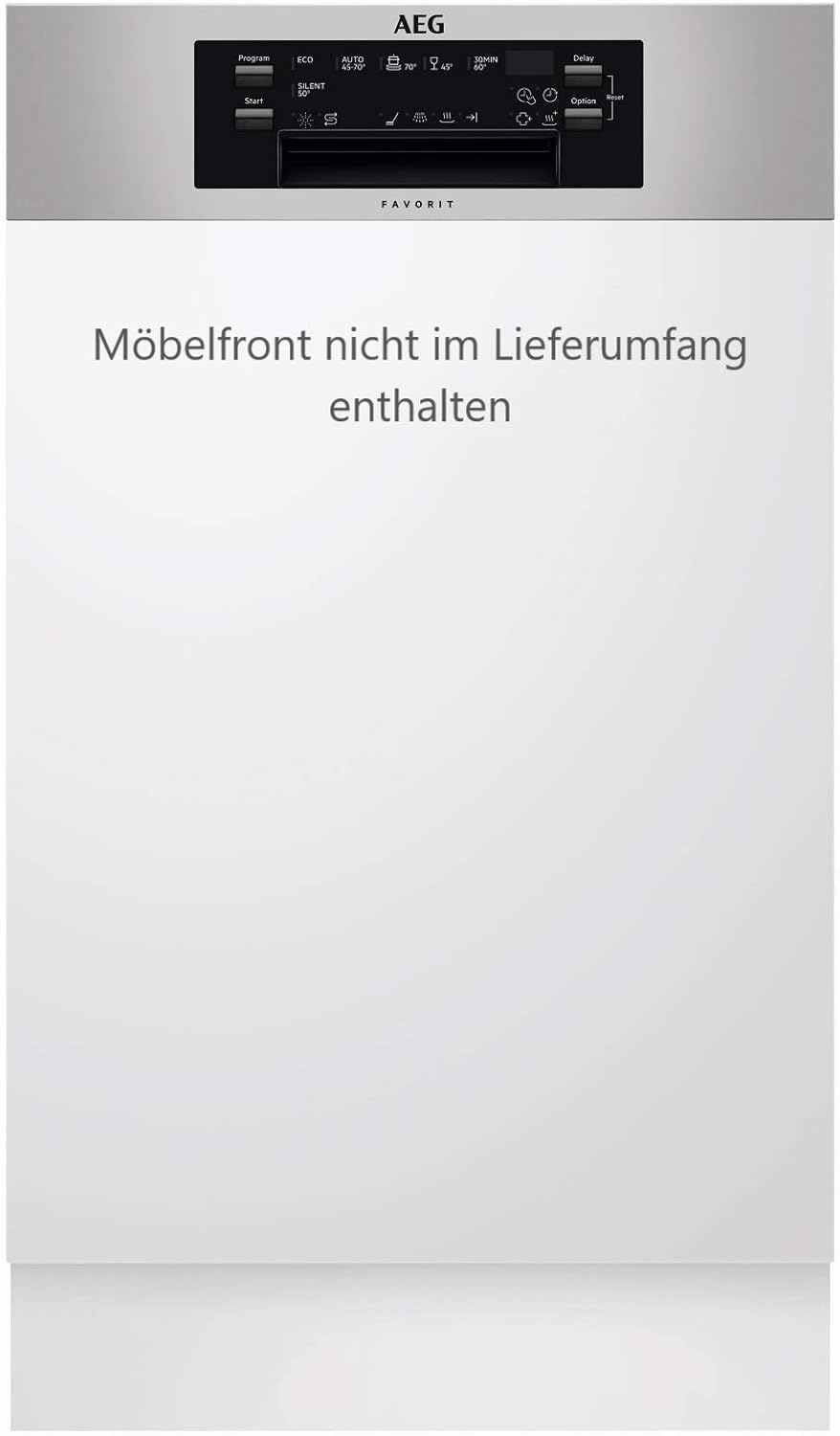 AEG FEE62400PM Integrierter-Geschirrspüler / 45cm / AirDry - perfekte Trocknungsergebnisse / energiesparend / Besteckkorb / Glasprogramm / Beladungserkennung / Intensivprogramm / Kurzprogramm / Displa