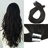 Moresoo 18 Inch Straight Unprocessed Brazilian Hair Tape on Remy Hair Extensions 40 Pieces 100 Grams #1B Off Black Seamless Skin Weft Adhesive Hair Extensions