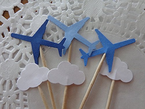 Blue Airplanes and Small Cloud Cupcake Toppers - Navy Blue Medium Blue and Light Blue Planes - Party Picks - Jet Food Picks - (Set of 24)