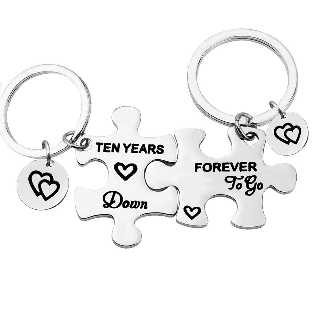 Dabihu 10th Years Anniversary Keyring Gift Ten Years Down Forever to Go Couples Puzzle Keyring Set of 2 Wedding Anniversary for Him Her Christmas Birthday Gift for Husband Wife