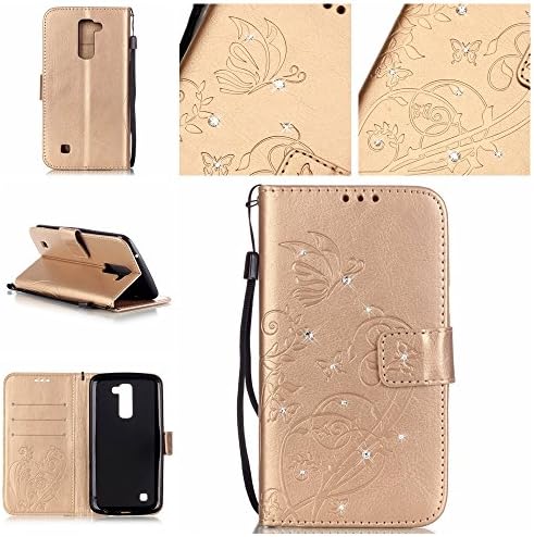 LG K 10/ Premier LTE Case, CQSTORE(TM) [Sparkle &amp; Flower Series] Wallet Folio Flip With Build In Cards Slots Phone Cover Case (champagne)