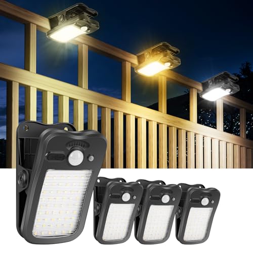 BlueYu Outdoor Solar Light with Clip – Solar Lights with Motion Sensor 800LM Solar Spotlight 3 Modes & 3 Colours Solar Lights with USB and Waterproof Remote Control for Fence Gardens (4 Pieces)