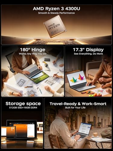 ACEMAGIC AX17PRO Laptop 17.3" FHD (1920×1080) Display, AMD Ryzen 3 4300U (up to 3.7GHz), 16GB DDR4 RAM 512GB SSD (Dual M.2 Slots up to 4TB), 62.7Wh Battery, Wi-Fi 5, Win 11 Pro–for Office & Home