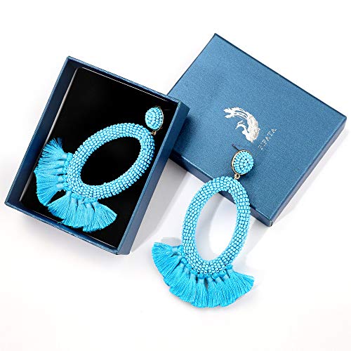 Women's Beaded Tassel Earrings Long Fringe Drop Bohemian Earings Dangle 7 Colors (Bead-Blue)