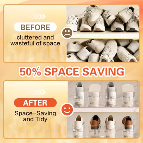 XENWA 10 Pack Shoes Organizer for Closet, Adjustable Highth Shoe Slot for Pair of Shoes, 50% Space Saver Double Layer Shoe Stacker, Stability Clear Display Shelf Rack Holder for Inside Closet Storage