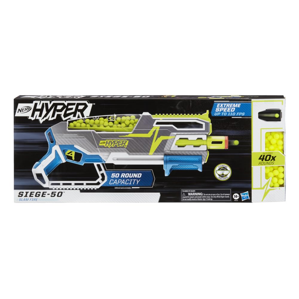 Nerf Hyper Siege-50 Pump-Action Blaster, 40 Hyper Rounds, Holds Up to 50 Rounds, Glasses, Up to 110 FPS Velocity, Easy Reload, Toy Foam Blasters
