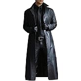 Mens Retro Faux Leather Trench Coat Full Length Black Classic Leather Long Coat Military Steampunk Uniform Overcoat