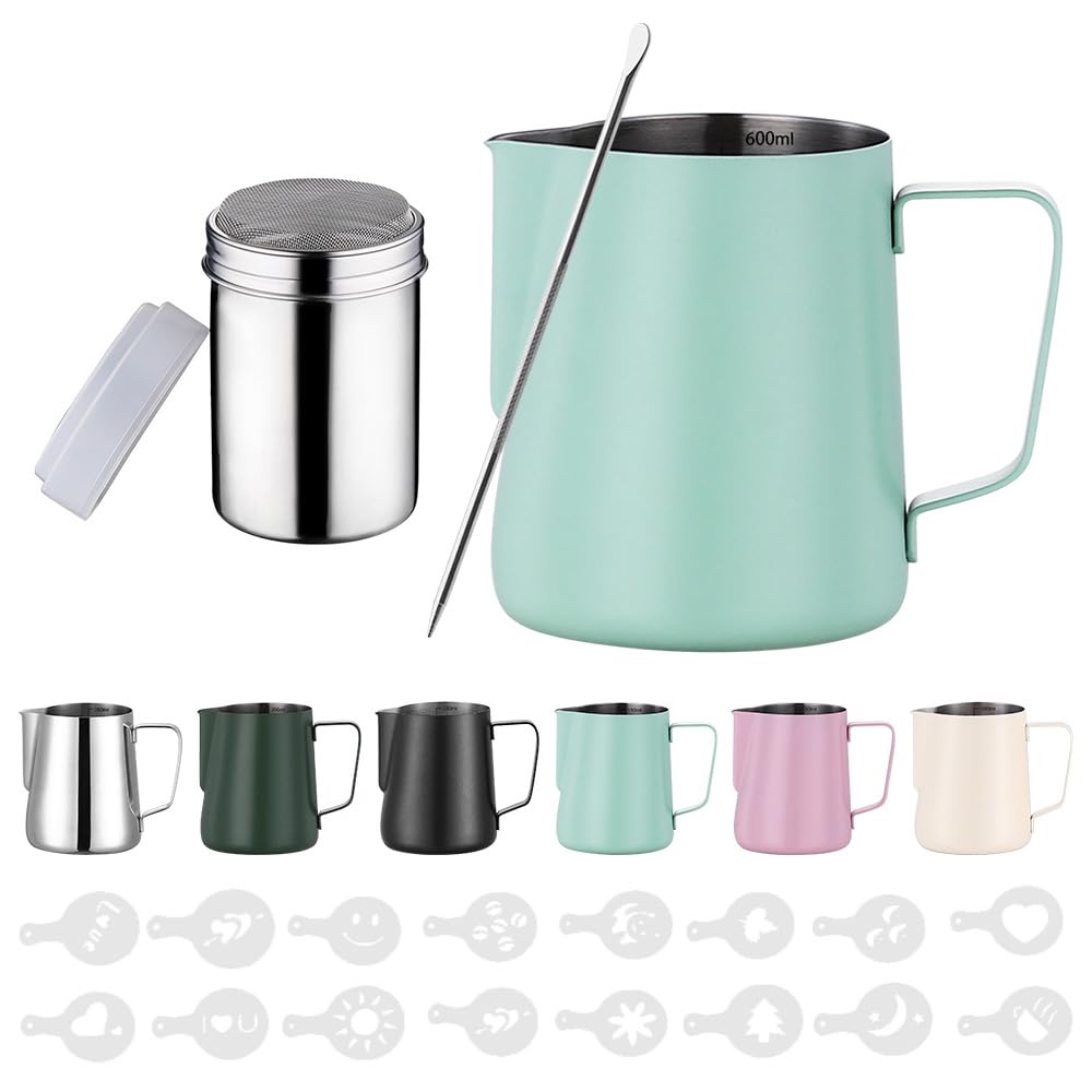 Zuquik 600 ml Stainless Steel Milk Jug, Barista Milk Jug with Measurement Mark 20 oz, Milk Foam Jug with Cocoa Shaker, 16 Latte Art Stencils & Pen for Cappuccino and Espresso, Mint Green