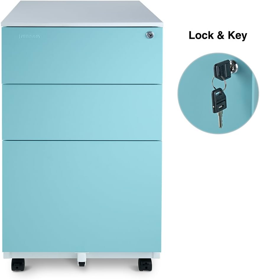 Aurora FC-103BL Fully Assembled Modern Soho Design 3-Drawer Metal Mobile File Cabinet with Lock Key, White/Aqua Blue : Office Products