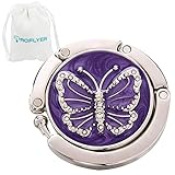 ROFLYER Butterfly Round Purse Hook - Foldable Handbag Hanger Safer Cleaner Bag, Fold Up For Easy Storage,Folding Table Hanger, with Velvet Pouch (Purple)