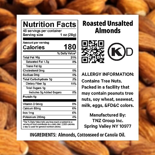 ROASTED ALMONDS UNSALTED – FRESH AND DELICIOUS GUILT FREE HEALTHY KETO SNACK WHOLE UNSALTED NUTS STEAM PASTEURIZED PACKED IN RESEALABLE BAG, LOW CALORIES, VEGAN, GLUTEN-FREE, 3LB