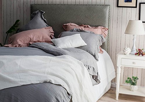 meadow park Stone Washed French Linen Duvet Cover Set 3 Pieces - Super Soft, King Size - 104 inches x 94 inches - Shams 20 inches x 36 inches, Ruffled Style - Button Closure - Corner Ties, Grey Color