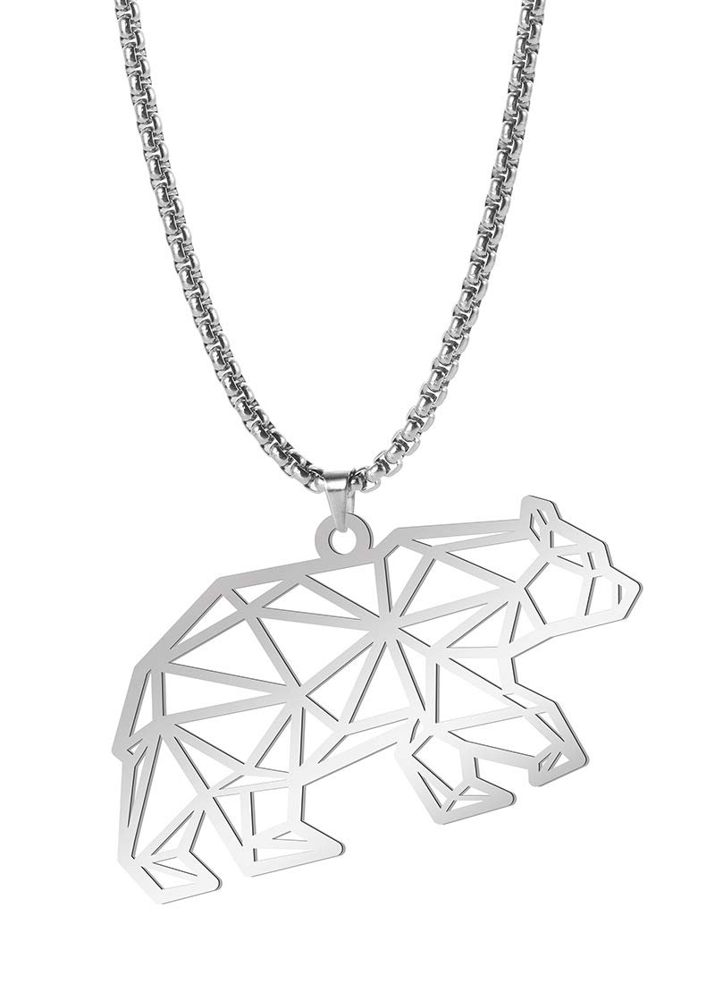 QIAMNI 316L Stainless Steel Necklace for Men Women Bear Hollow Pendant Clavicle Sweater Chain Adjustable 55 Length