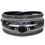 FINETOO Black Multi-Layer Leather Bracelet - Braided Wrap Cuff Bangle - with Alloy Magnetic Clasp Handmade Jewelry for Women,Girl Gift