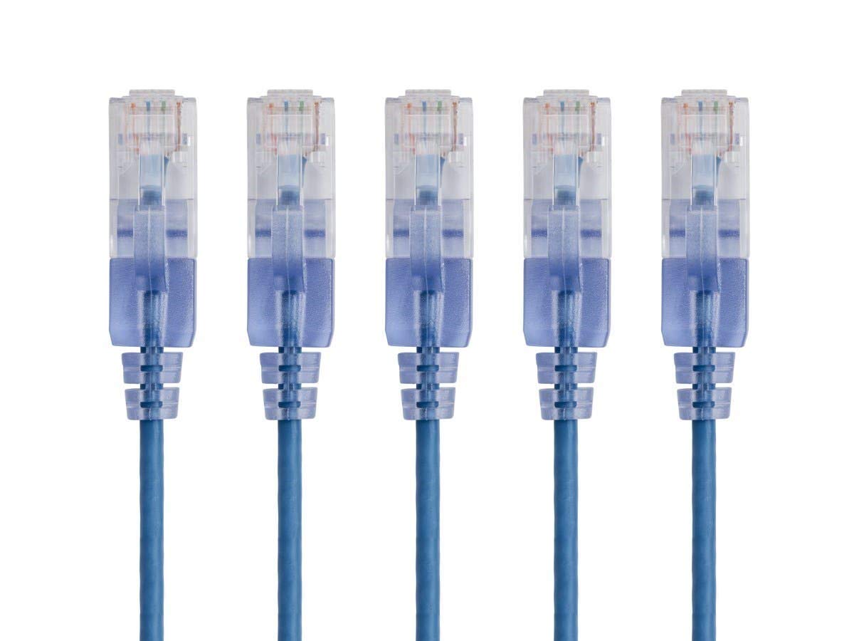 Monoprice - 129425 SlimRun Cat6A Ethernet Patch Cable - Snagless RJ45 UTP Pure Bare Copper Wire 10G 30AWG 2ft Blue 5-Pack — image 1