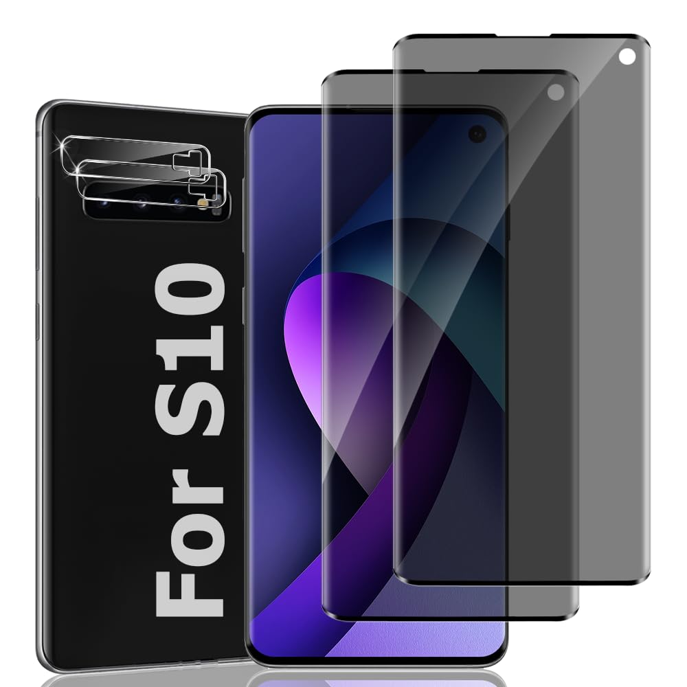Photo 1 of (2+2 Pack) Galaxy S10 Privacy Screen Protector and Camera Lens Protector, 9H Hardness Tempered Glass,3D Curved, Support Ultrasonic Fingerprint Unlock, Anti-Spy, For Samsung Galaxy S10 (6.1 Inch)