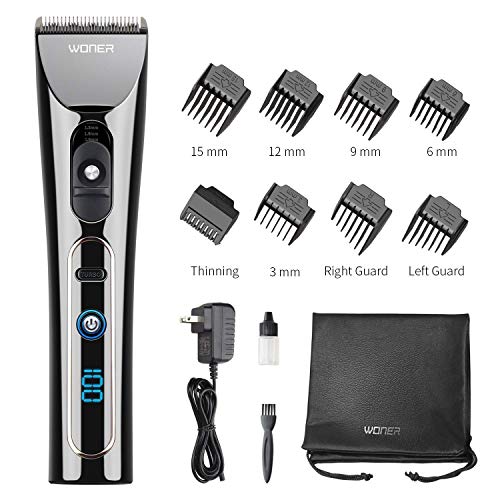 WONER Hair Clippers for Men Professional Cordless Rechargeable Hair Trimmers Hair Cutting Kit Titanium Ceramic Blade LED Display 2000mAh Lithium Ion with 8 Guide Comb