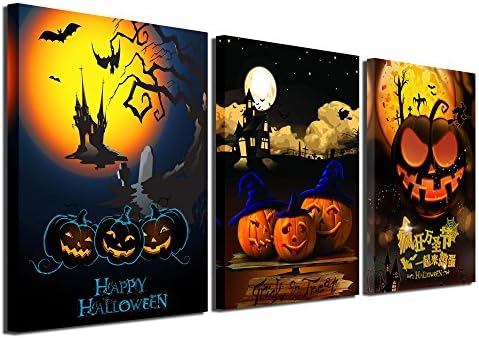 Gardenia Art - Happy Halloween Canvas Prints 3 Pumpkin Lantern Wall Art Paintings Abstract Wall Artworks Pictures for Living Room Bedroom Decoration, 16X12 inch, 3 Panels …