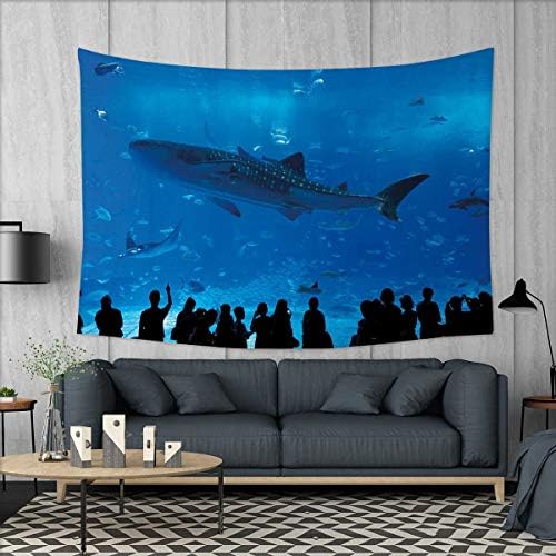 Anniutwo Shark Large tablecloths Japanese Aquarium Park with People Silhouettes Watching Underwater Life Hobby Image Wall Hanging Tapestries W84 x L54 (inch) Blue Black