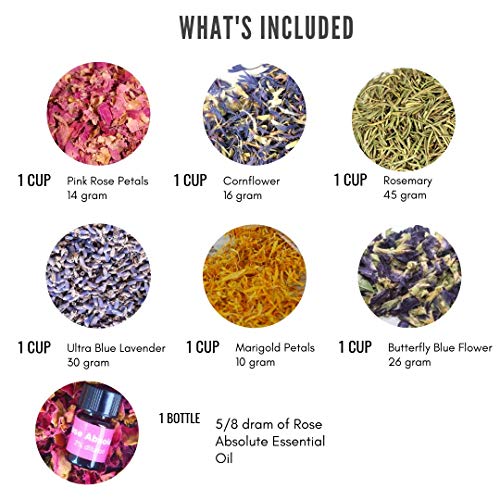 bMAKER Flower Kit - 6 Packets of French Lavender, Butterfly Pea Flower, Rosemary, Cornflower Whole, Calendula Petals, Pink Rose Petals and Rose Absolute Oil