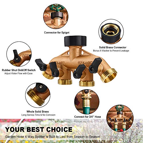 OneBom Hose Splitter 3/4 Inch, Solid Brass Pipe Connector,Garden Hose Distributor Heavy Duty (4 Way) - Thumbnail 3